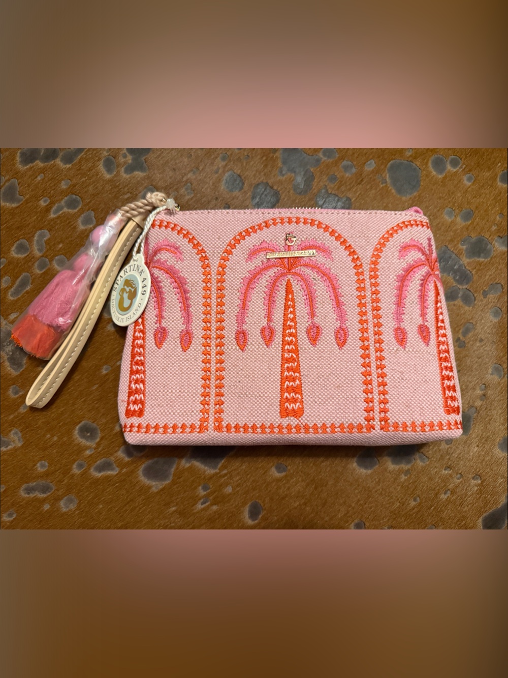 Spartina 449 Pink and Orange Embroidered Straw Wristlet Clutch